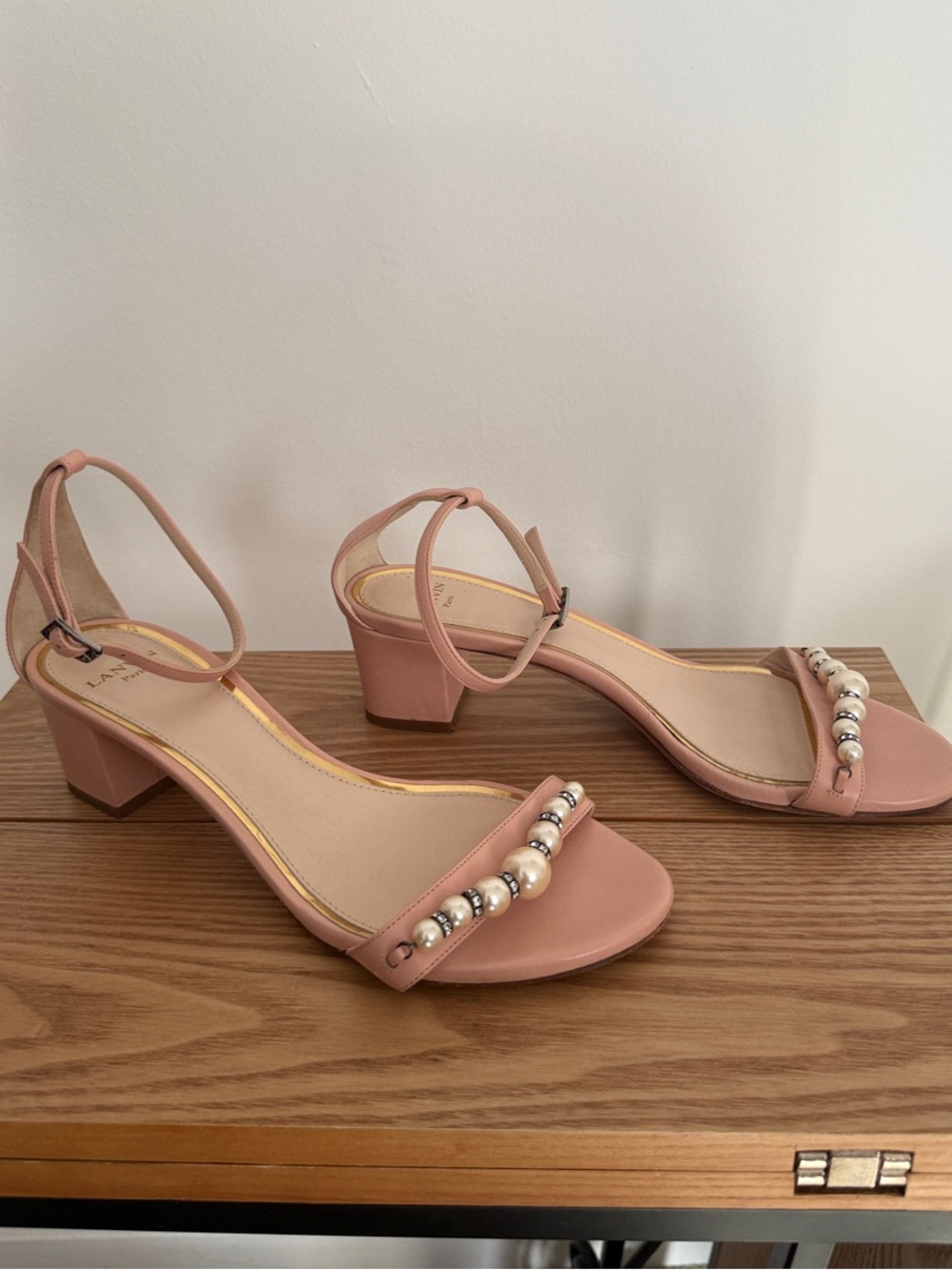 Lanvin Blush Pink Pearl-Embellished Block Heel Sandals